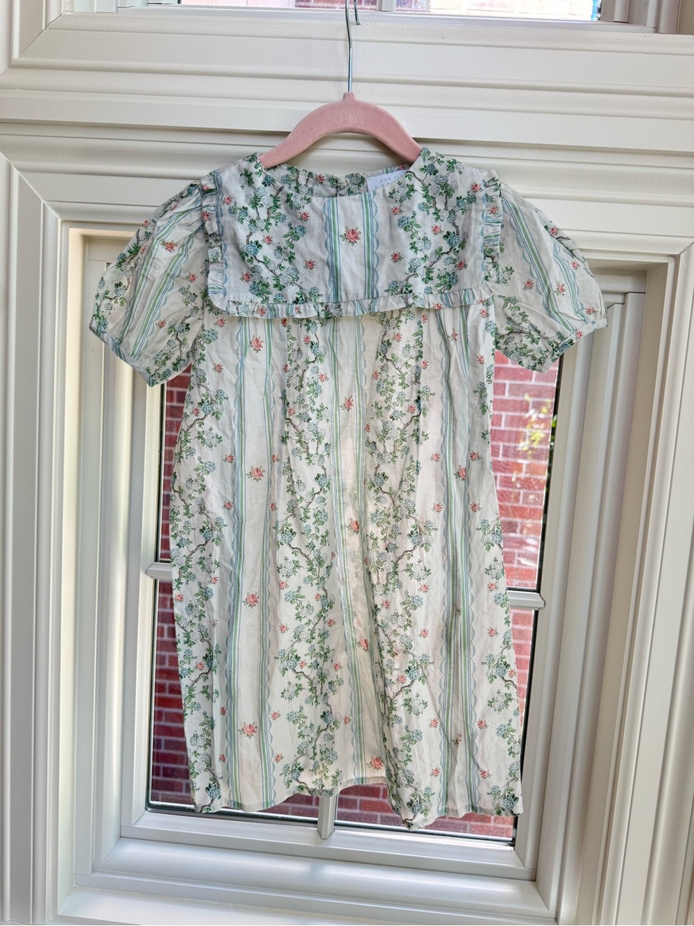Girls' Floral Stripe Ruffle Yoke Dress - White & Green